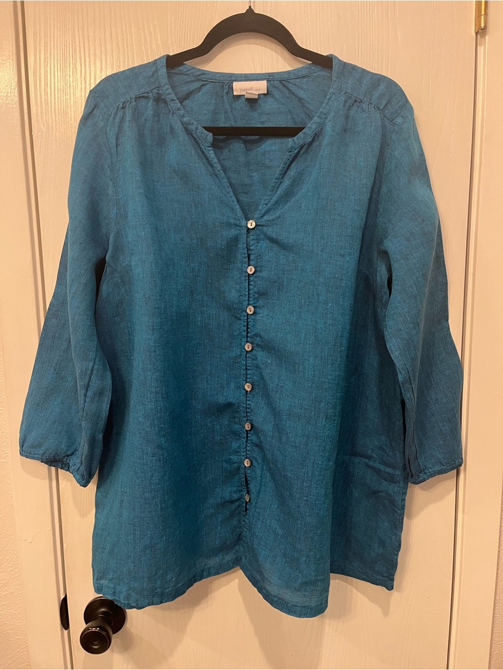 J Jill Linen Long Sleeve Top Tunic Blouse Shell Buttons peasant Teal Blue Large